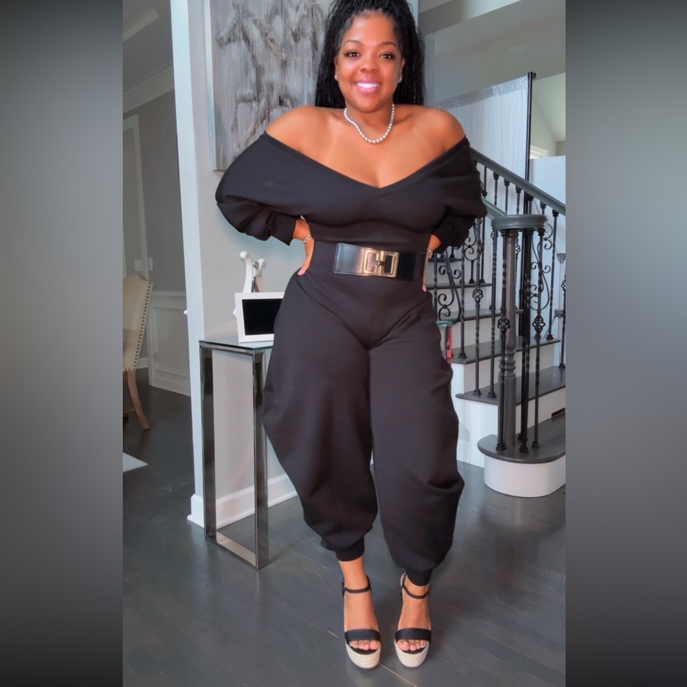 Off-Shoulder Black Jogger Jumpsuit - Picture 3 of 9